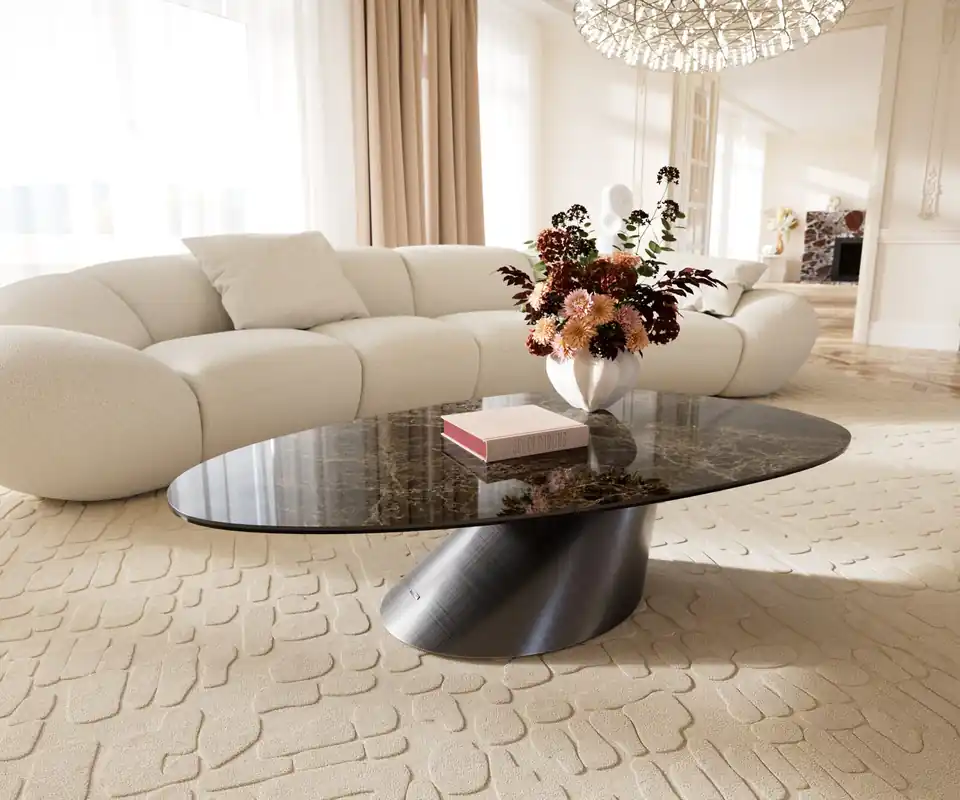 Couchtisch Edge Oval 140x75 cm Keramik Emperador Extra Lucidato Dunkelbraun Conis Metallic Silber Begrenztes Angebot