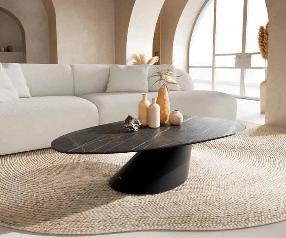Neue Kollektion Couchtisch Edge Oval 140x75 cm Keramik Laminam® Noir Desir Braun Conis Metall Schwarz
