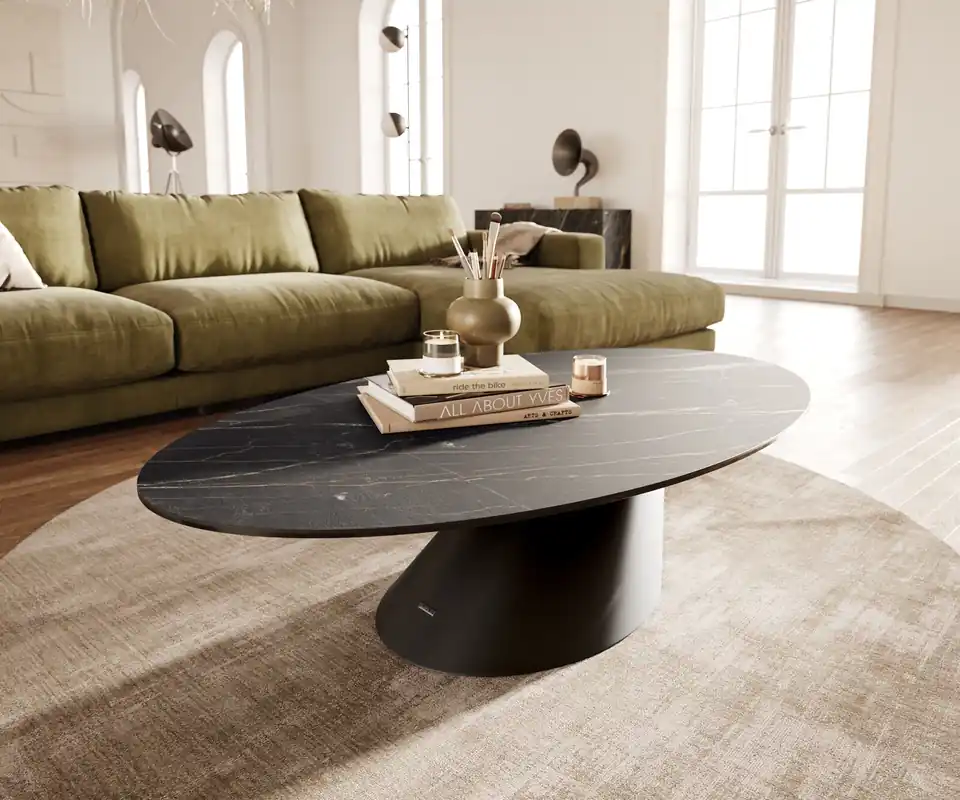Couchtisch Edge Oval 140x80 cm Keramik Laminam® Noir Desir Braun Conis Metall Schwarz Finale Aktion