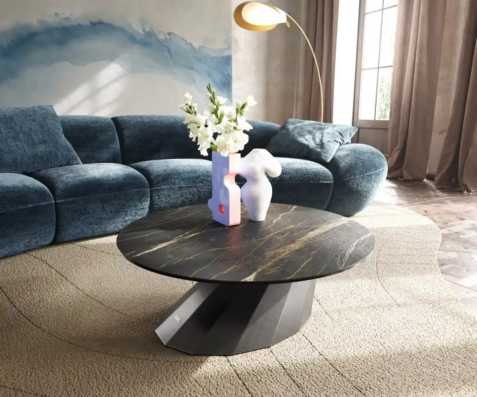 Neu Im Sortiment Couchtisch Edge Rund 90x90 cm Keramik Laminam® Noir Desir Braun Parabi Metallic Silber