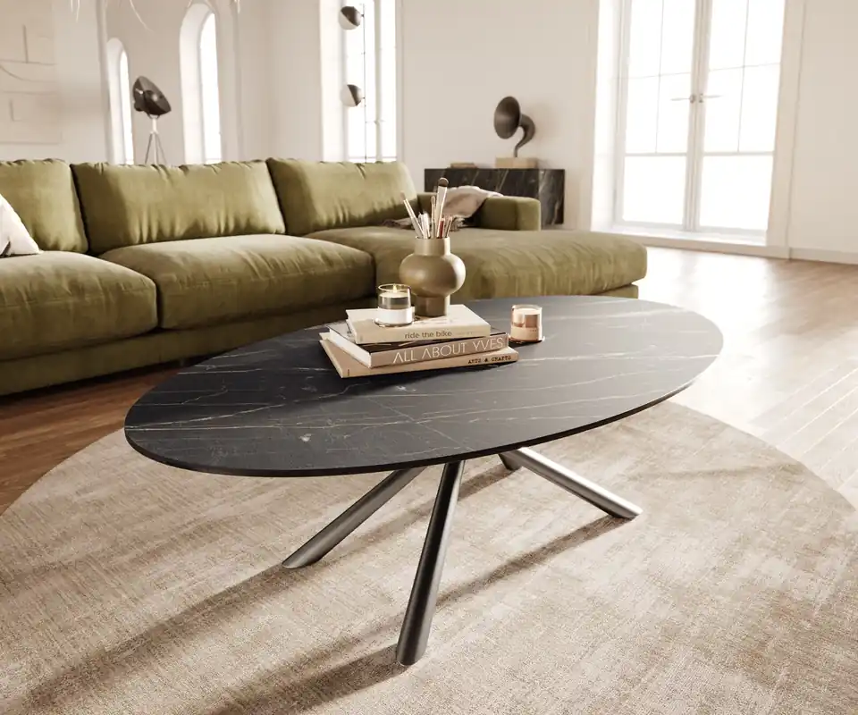 Couchtisch Edge Oval 140x80 cm Keramik Laminam® Noir Desir Braun Sarity Edelstahl gebürstet Preis Gesenkt