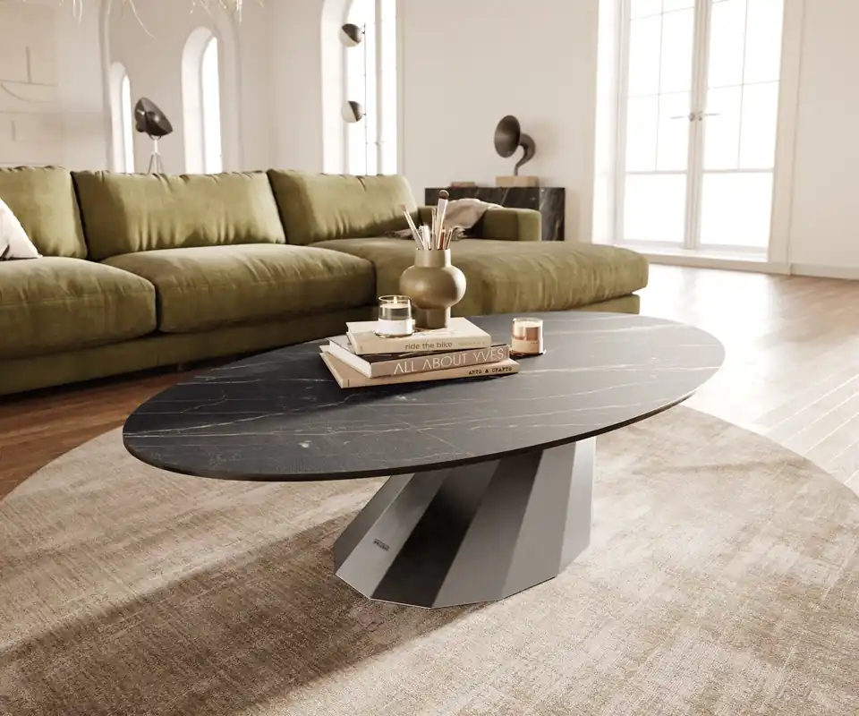 Couchtisch Edge Oval 140x80 cm Keramik Laminam® Noir Desir Braun Parabi Edelstahl gebürstet Preiswert