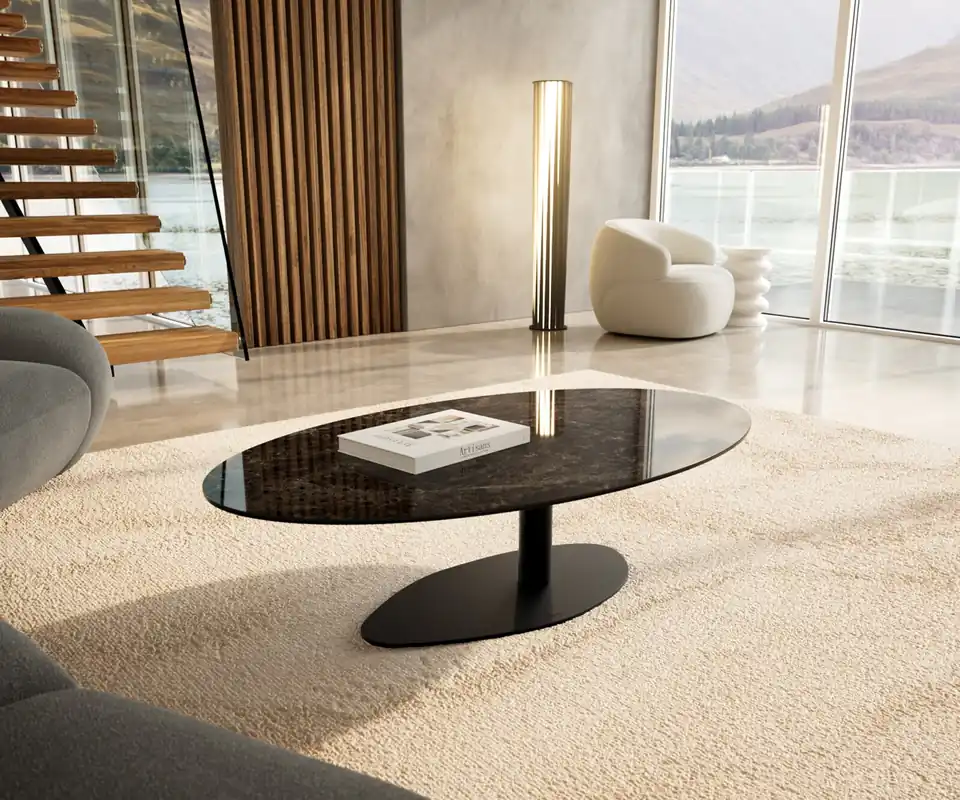 Solange Der Vorrat Reicht Couchtisch Edge Oval 140x80 cm Keramik Emperador Extra Lucidato Dunkelbraun Vibany Metall Schwarz