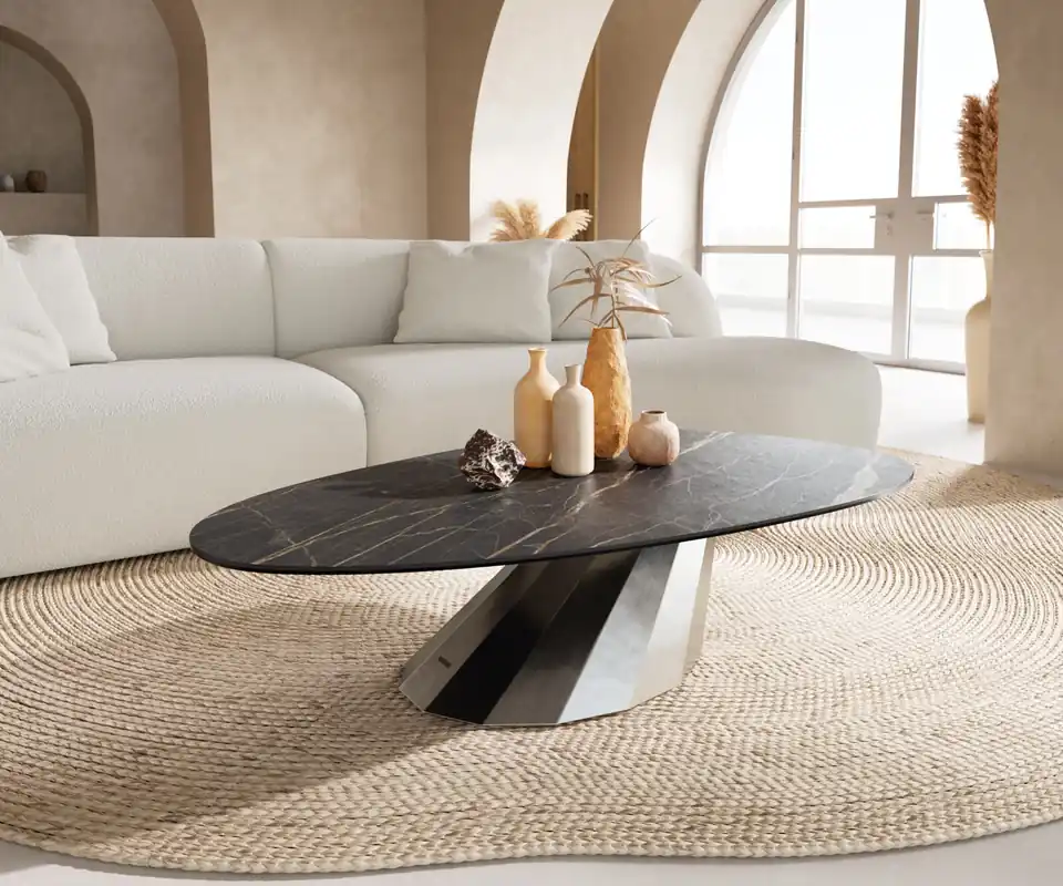 Schneller Versand Couchtisch Edge Oval 140x75 cm Keramik Laminam® Noir Desir Braun Parabi Edelstahl gebürstet