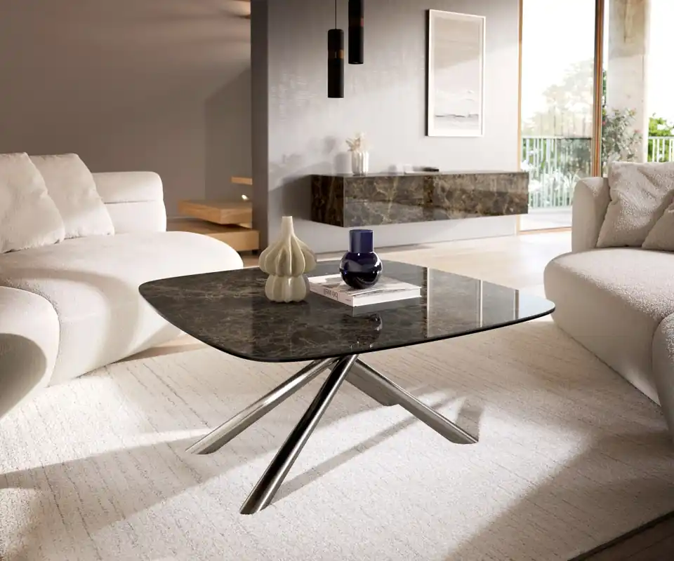 Bestseller Couchtisch Edge Boot 90x90 cm Keramik Emperador Extra Lucidato Dunkelbraun Sarity Edelstahl gebürstet