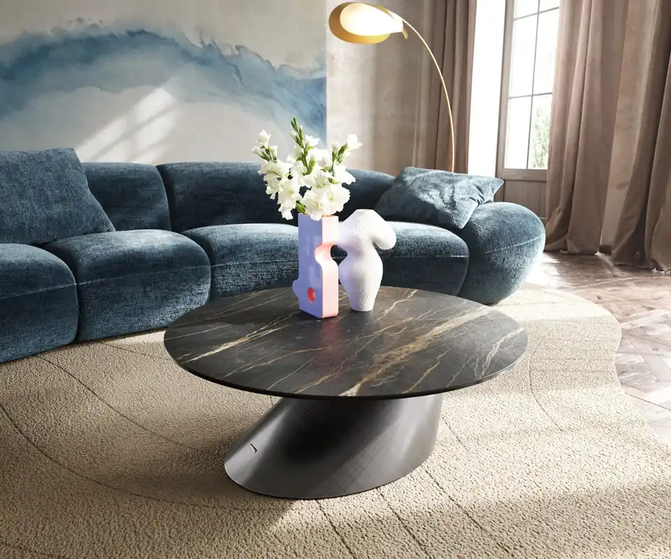 Couchtisch Edge Rund 90x90 cm Keramik Laminam® Noir Desir Braun Conis Metallic Silber Sonderaktion