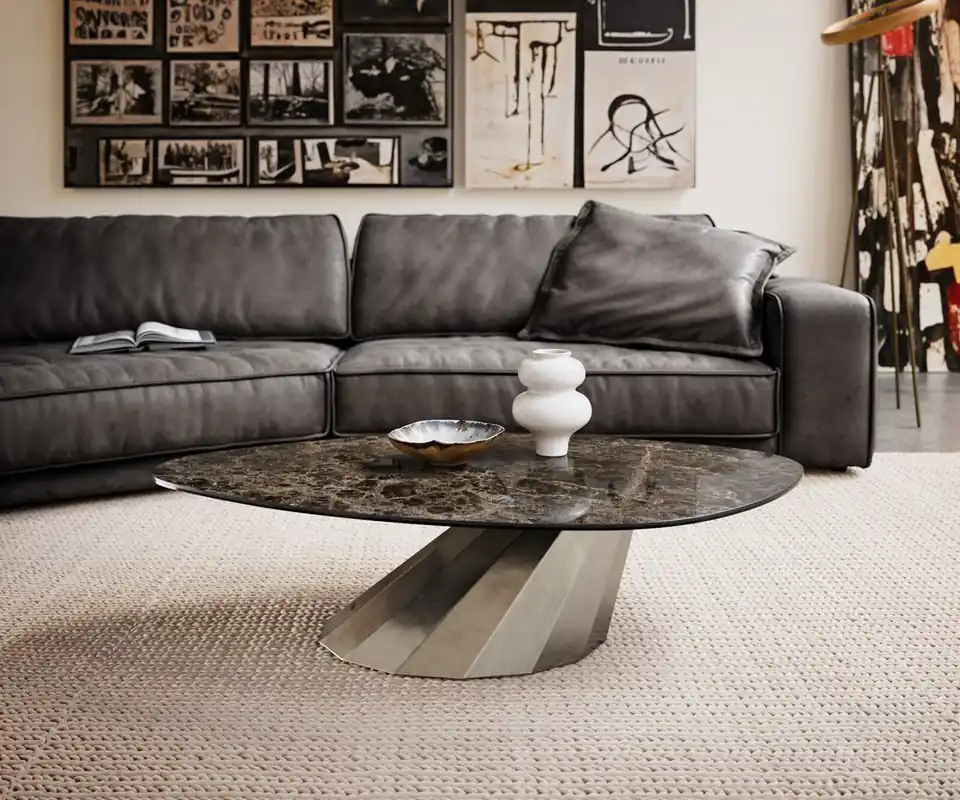 Preisknaller Couchtisch Edge Organisch 140x76 cm Keramik Emperador Extra Lucidato Dunkelbraun Parabi Edelstahl gebürstet