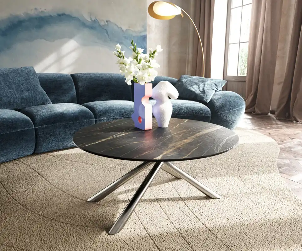 Couchtisch Edge Rund 90x90 cm Keramik Laminam® Noir Desir Braun Sarity Edelstahl gebürstet Sichere Zahlung