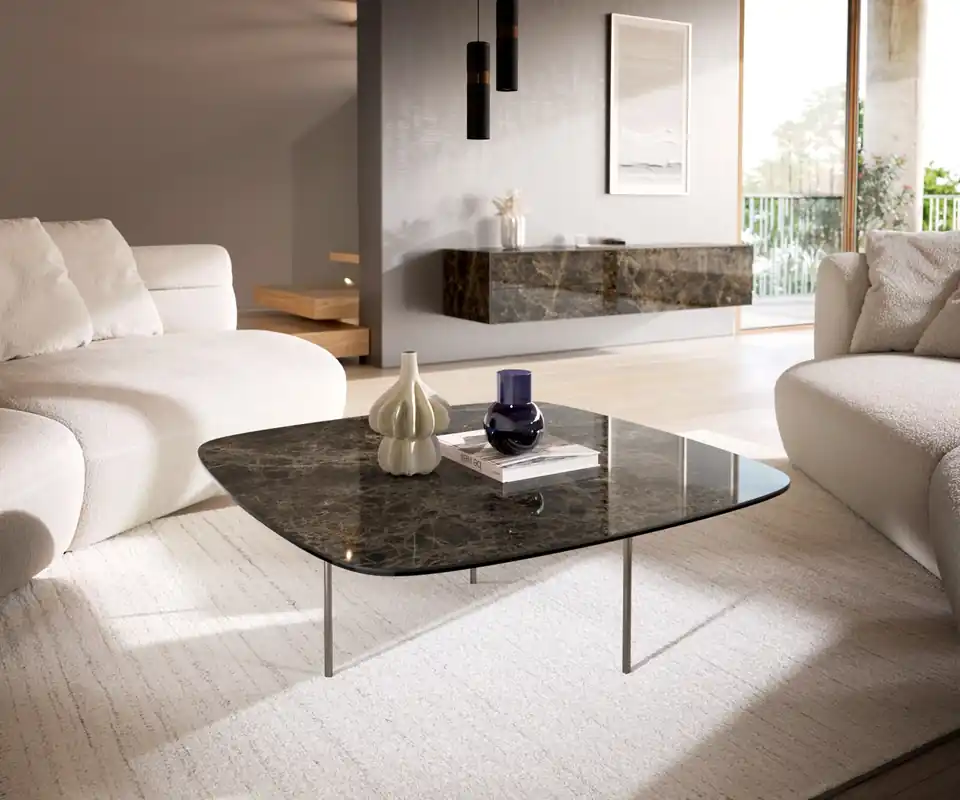 Echt Couchtisch Edge Boot 90x90 cm Keramik Emperador Extra Lucidato Dunkelbraun Trive Edelstahl gebürstet
