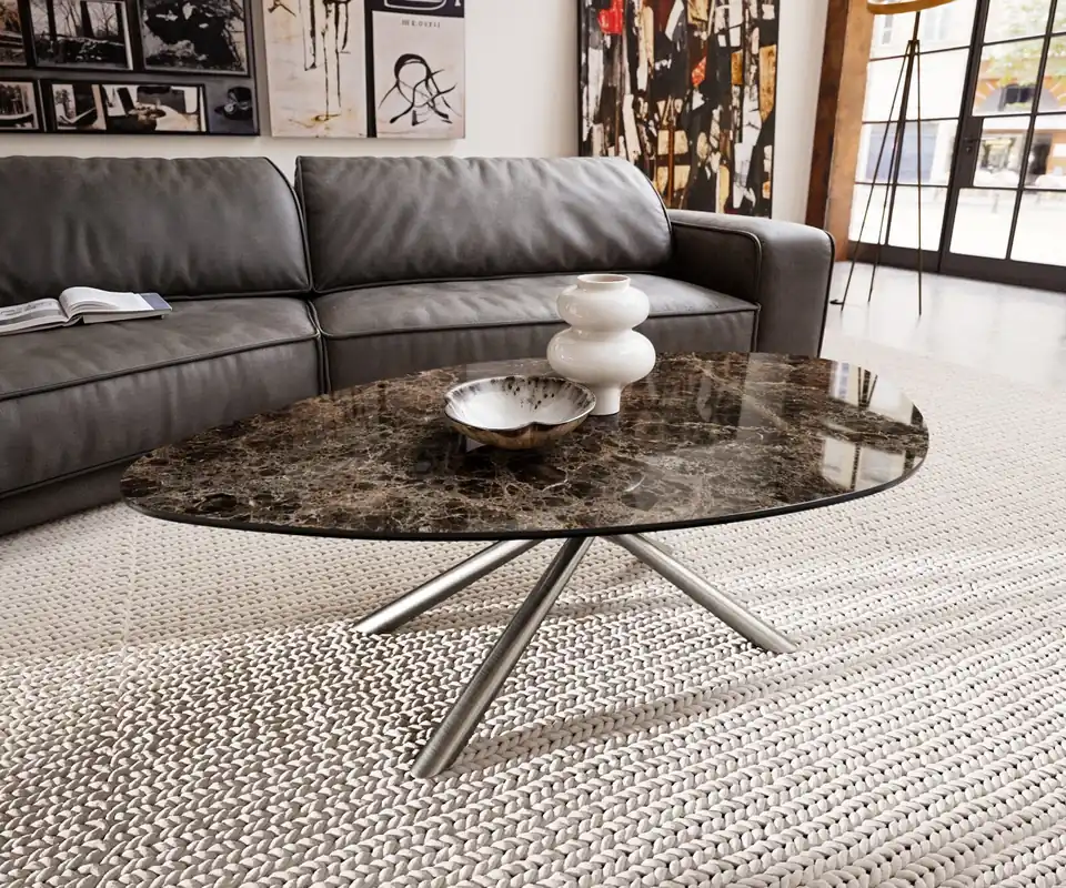 Couchtisch Edge Organisch 140x76 cm Keramik Emperador Extra Lucidato Dunkelbraun Sarity Edelstahl gebürstet Günstig