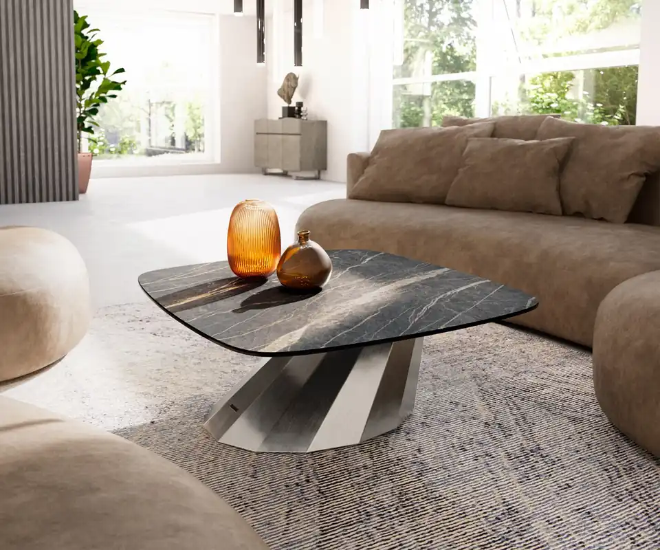 Ausverkauf Couchtisch Edge Boot 90x90 cm Keramik Laminam® Noir Desir Braun Parabi Edelstahl gebürstet