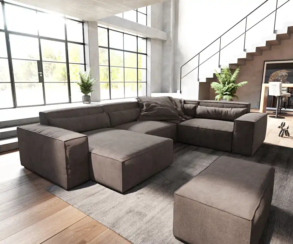 Wohnlandschaft Sirpio 300x210 cm Mikrofaser Khakibraun Recamiere variabel mit Hocker Preisreduziert