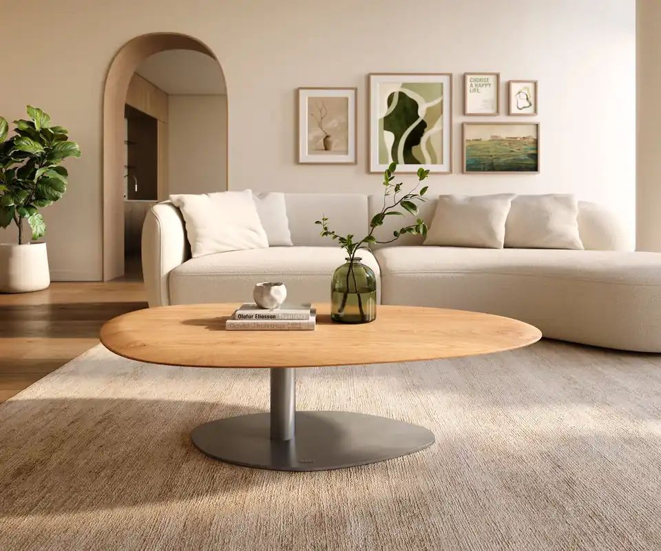Couchtisch Edge Oval 140x75 cm Eiche Natur Runde Kante Vibany Edelstahl gebürstet Nur Für Kurze Zeit