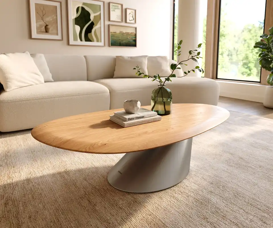Expressversand Couchtisch Edge Oval 140x75 cm Eiche Natur Runde Kante Conis Edelstahl gebürstet