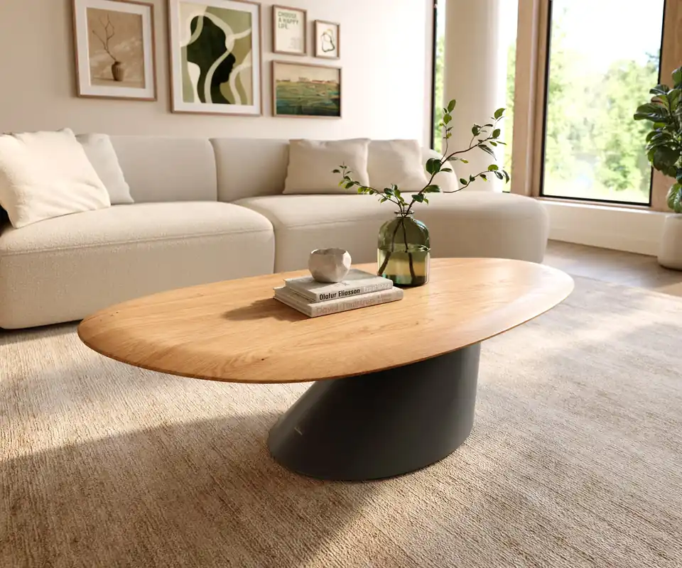 Sonderaktion Couchtisch Edge Oval 140x75 cm Eiche Natur Runde Kante Conis Metall Schwarz