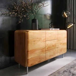 Aktuell Sideboard Shavani 145 cm Akazie Natur 2 Türen 3 Schubladen Rundfuß Edelstahl Silber