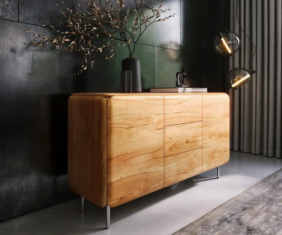 Aktuell Sideboard Shavani 145 cm Akazie Natur 2 Türen 3 Schubladen Rundfuß Edelstahl Silber