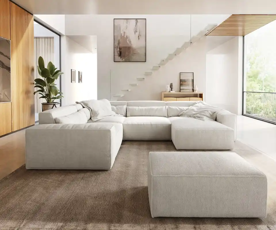 Online Kaufen Wohnlandschaft Sirpio 300x210 cm Bouclé Creme-Weiß Recamiere variabel mit Hocker