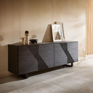 Letzte Chance Sideboard Tereos 200 cm Esche Dunkelbraun 3D Effekt 4 Türen Kufe Metall Schwarz