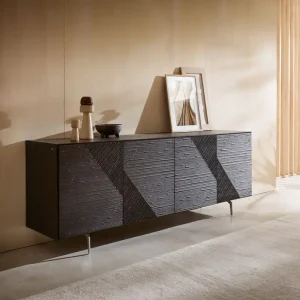 Sideboard Tereos 200 cm Esche Dunkelbraun 3D Effekt 4 Türen Winkelfuß Edelstahl gebürstet Letzte Chance