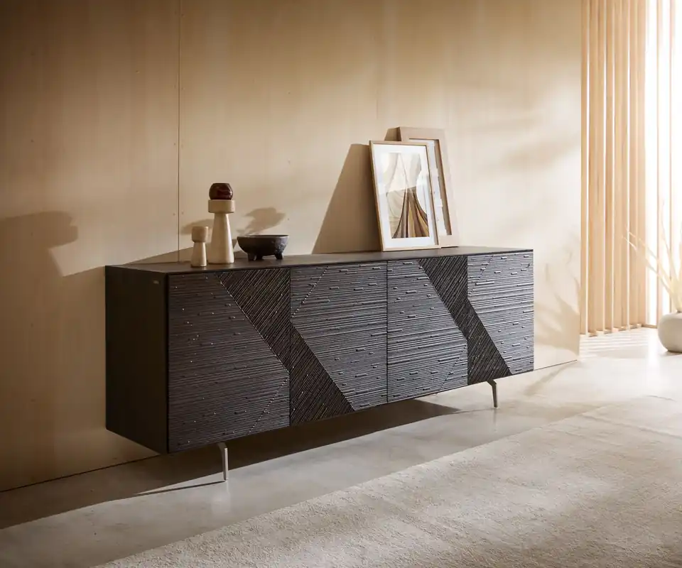 Sideboard Tereos 200 cm Esche Dunkelbraun 3D Effekt 4 Türen Winkelfuß Edelstahl gebürstet Letzte Chance