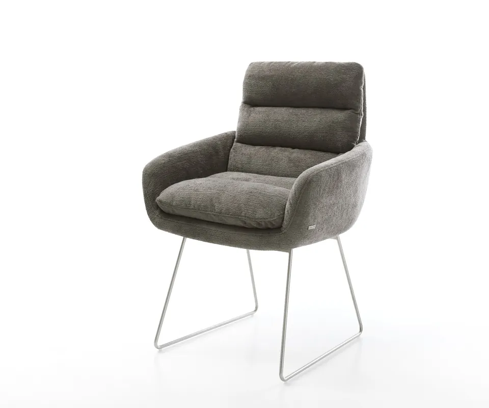 Expressversand Esszimmerstuhl Abelia-Flex mit Armlehnen Bouclé Soft Schlamm Kufengestell Edelstahl