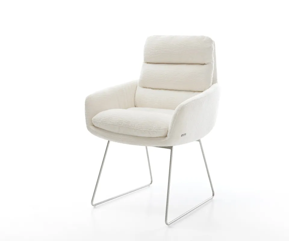 Esszimmerstuhl Abelia-Flex mit Armlehnen Bouclé Soft Beige Kufengestell Edelstahl Preiswert