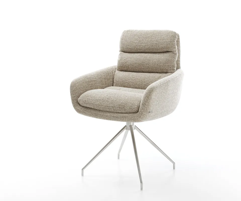 Esszimmerstuhl Abelia-Flex mit Armlehnen Webstoff Soft Beige Kreuzgestell konisch Edelstahl Top-Preis