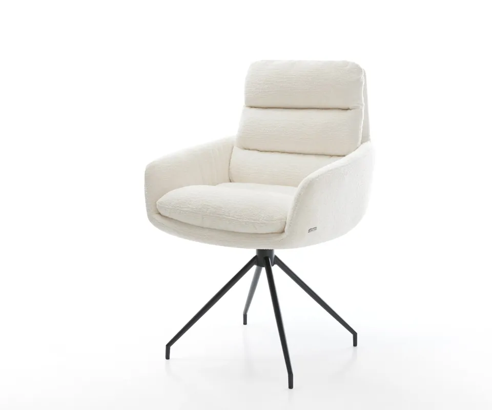 Esszimmerstuhl Abelia-Flex mit Armlehnen Bouclé Soft Beige Kreuzgestell konisch Schwarz Zertifiziert