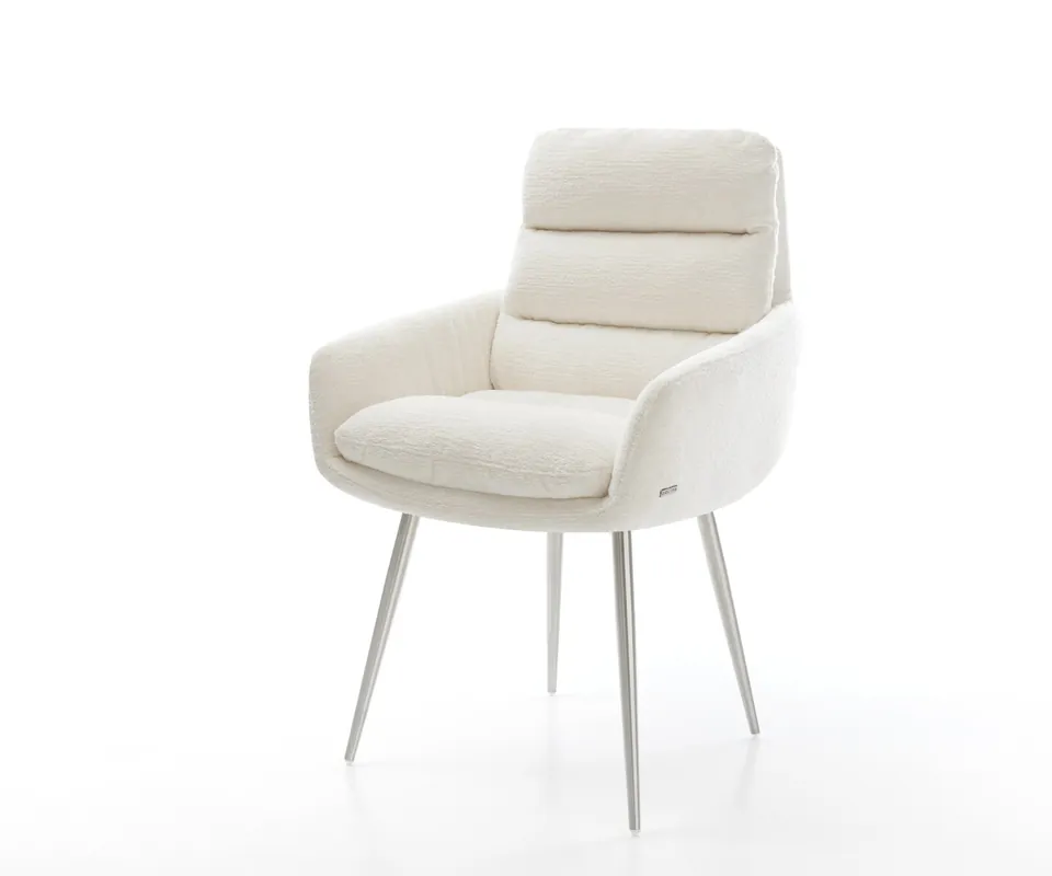 Geprüft Esszimmerstuhl Abelia-Flex mit Armlehnen Bouclé Soft Beige 4-Fuß konisch Edelstahl