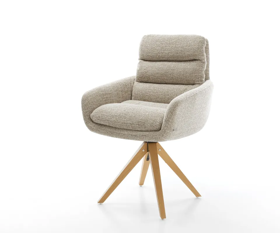 Drehstuhl Abelia-Flex mit Armlehnen Webstoff Soft Beige Holzgestell kantig Natur 180° drehbar Jetzt Kaufen