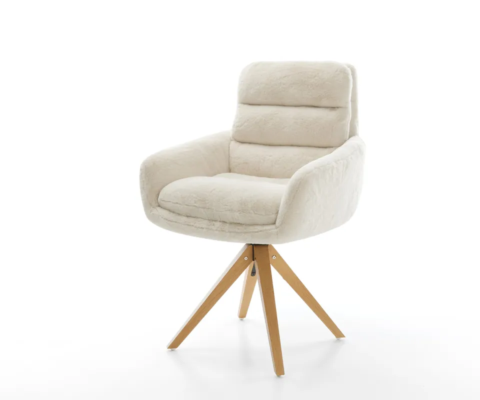 Kracherpreis Drehstuhl Abelia-Flex mit Armlehnen Plüsch Creme-Weiß Holzgestell kantig Natur 180° drehbar