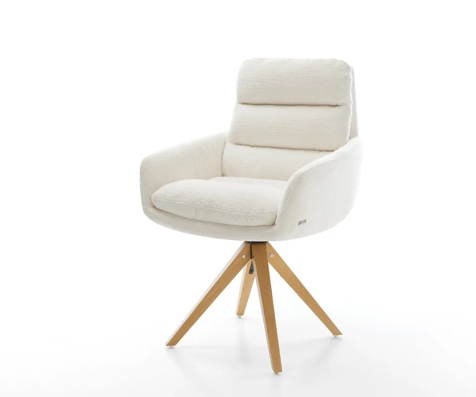 Neuheit Drehstuhl Abelia-Flex mit Armlehnen Bouclé Soft Beige Holzgestell kantig Natur 180° drehbar