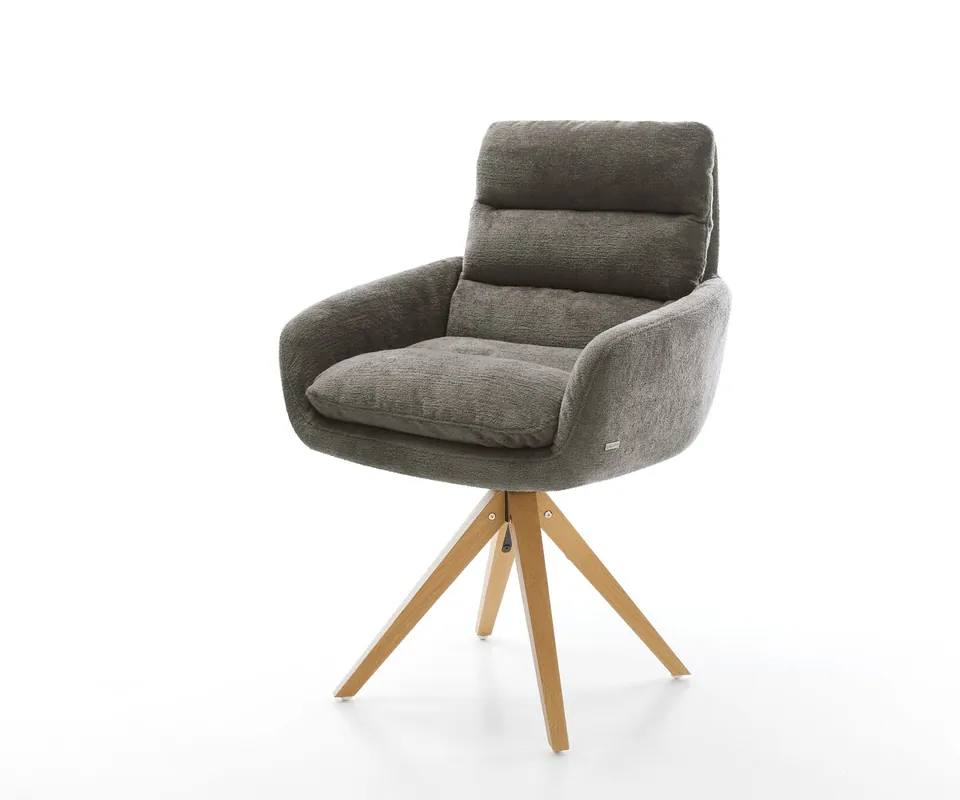 Drehstuhl Abelia-Flex mit Armlehnen Bouclé Soft Schlamm Holzgestell kantig Natur 180° drehbar Garantierte Lieferung