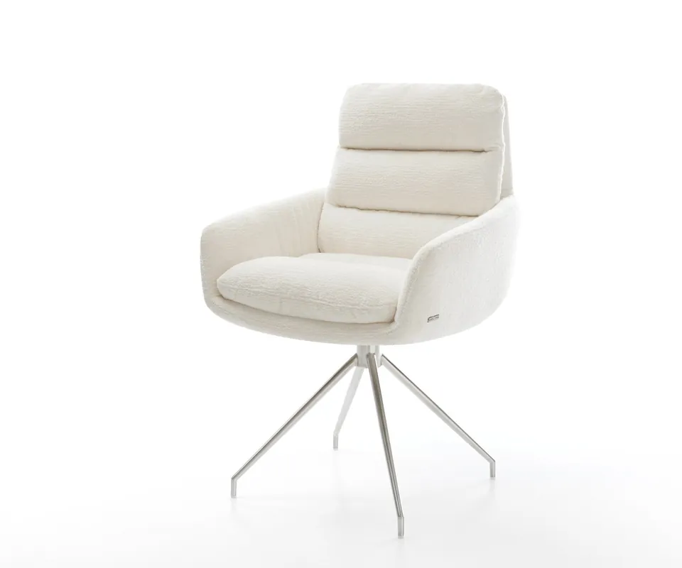 Saisonangebot Esszimmerstuhl Abelia-Flex mit Armlehnen Bouclé Soft Beige Kreuzgestell konisch Edelstahl