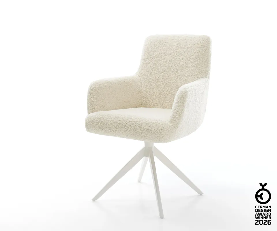 Bestpreis Drehstuhl Heira-Flex mit Armlehnen Teddystoff Beige Kreuzgestell breit Weiß 360° drehbar Wippfunktion Taschenfederkern