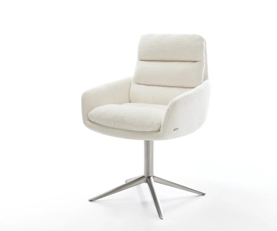Drehstuhl Abelia-Flex mit Armlehnen Bouclé Soft Beige Fußkreuz Edelstahl 360° drehbar Wippfunktion Schneller Versand