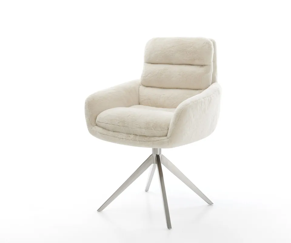 Drehstuhl Abelia-Flex mit Armlehnen Plüsch Creme-Weiß Kreuzgestell breit Edelstahl 360° drehbar Wippfunktion Top-Preis