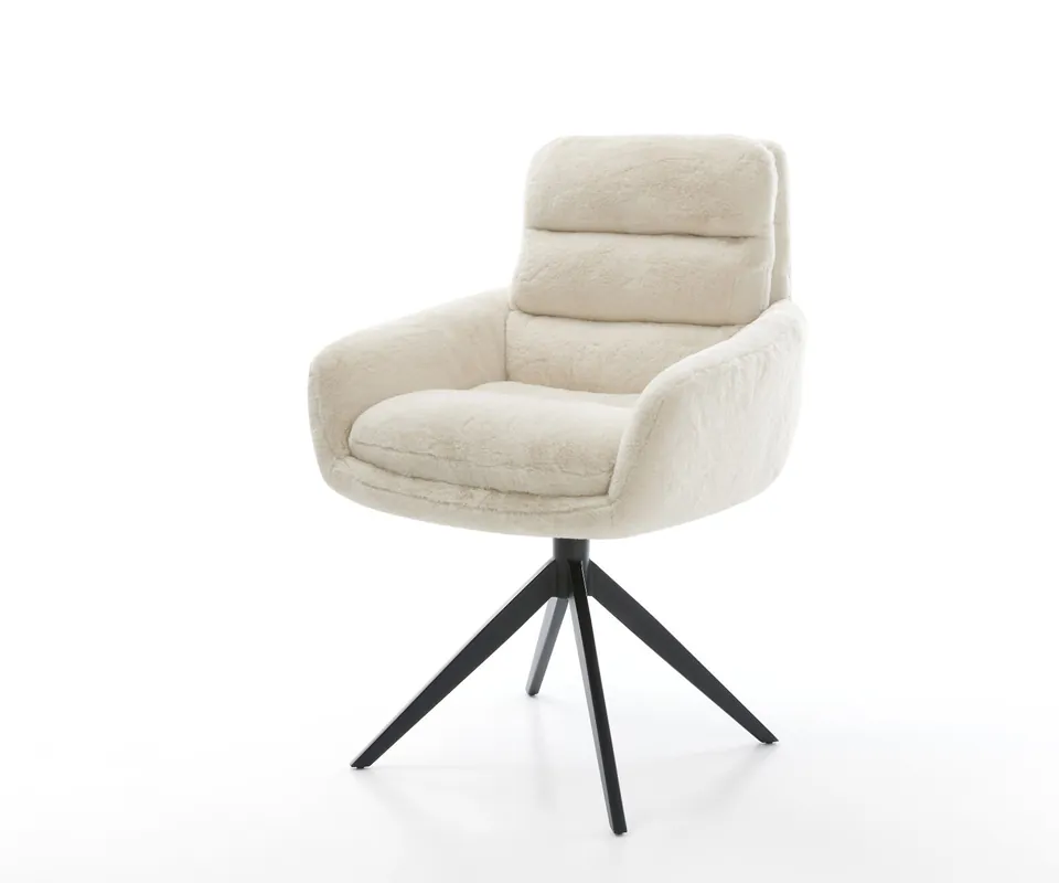 Sale Drehstuhl Abelia-Flex mit Armlehnen Plüsch Creme-Weiß Kreuzgestell breit Schwarz 360° drehbar Wippfunktion