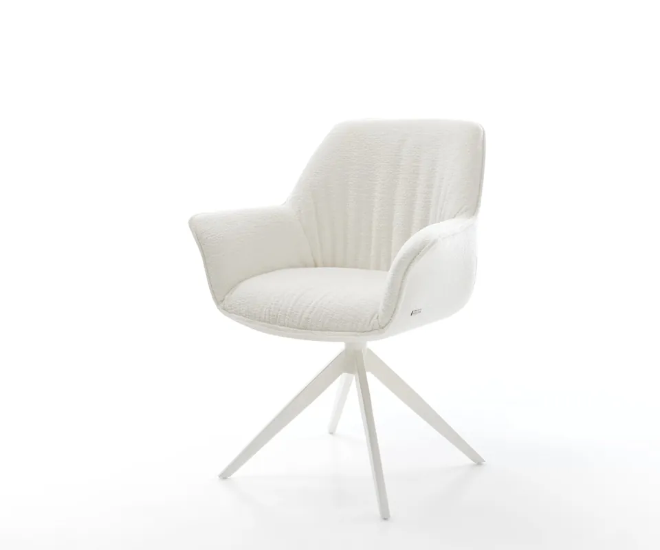 Drehstuhl Keila-Flex mit Armlehnen Bouclé Soft Beige Kreuzgestell breit Weiß 360° drehbar Wippfunktion Mega-Angebot