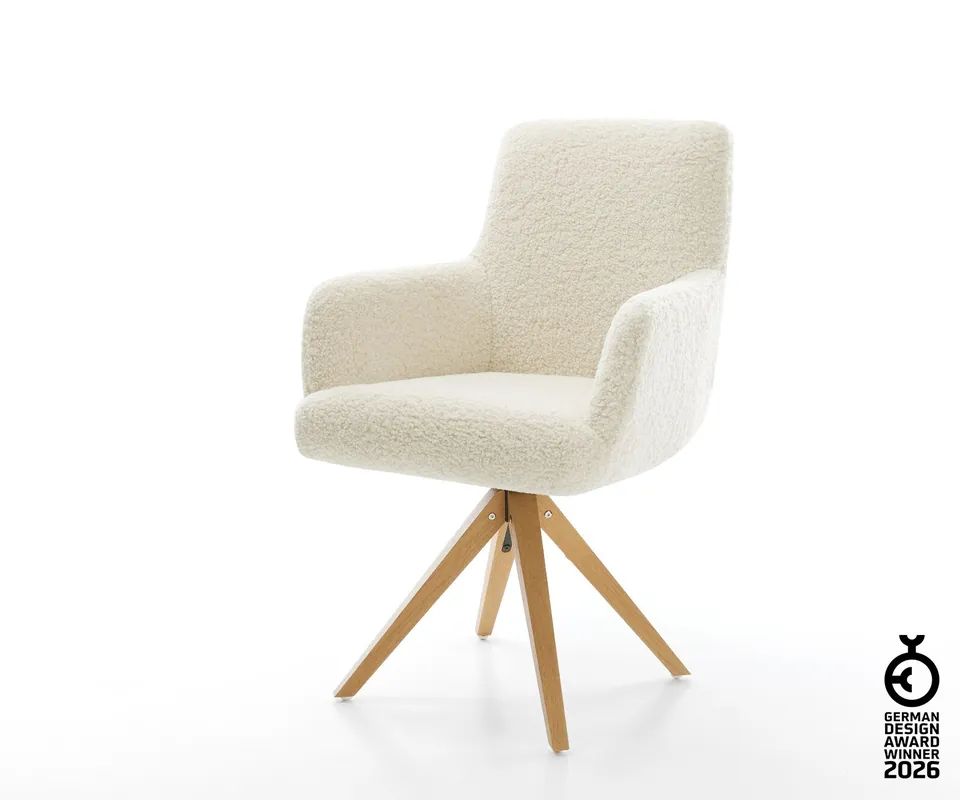Drehstuhl Heira-Flex mit Armlehnen Teddystoff Beige Holzgestell kantig Natur 180° drehbar Taschenfederkern Jetzt Kaufen