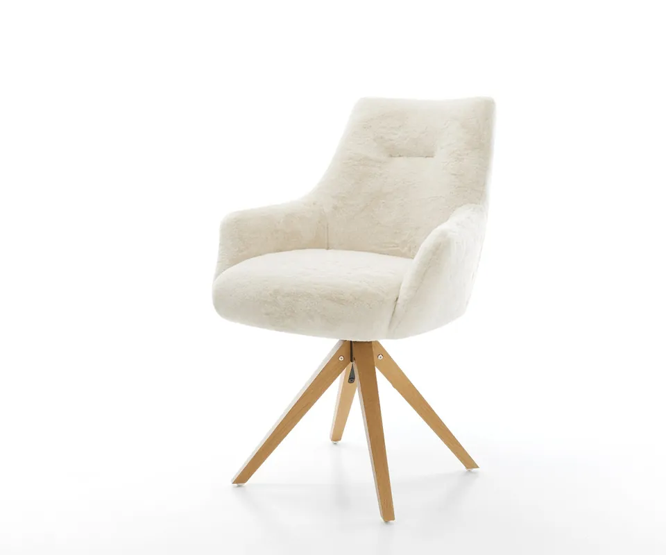 Drehstuhl Alja-Flex mit Armlehnen Plüsch Creme-Weiß Holzgestell kantig Natur 180° drehbar Taschenfederkern Jetzt Bestellen