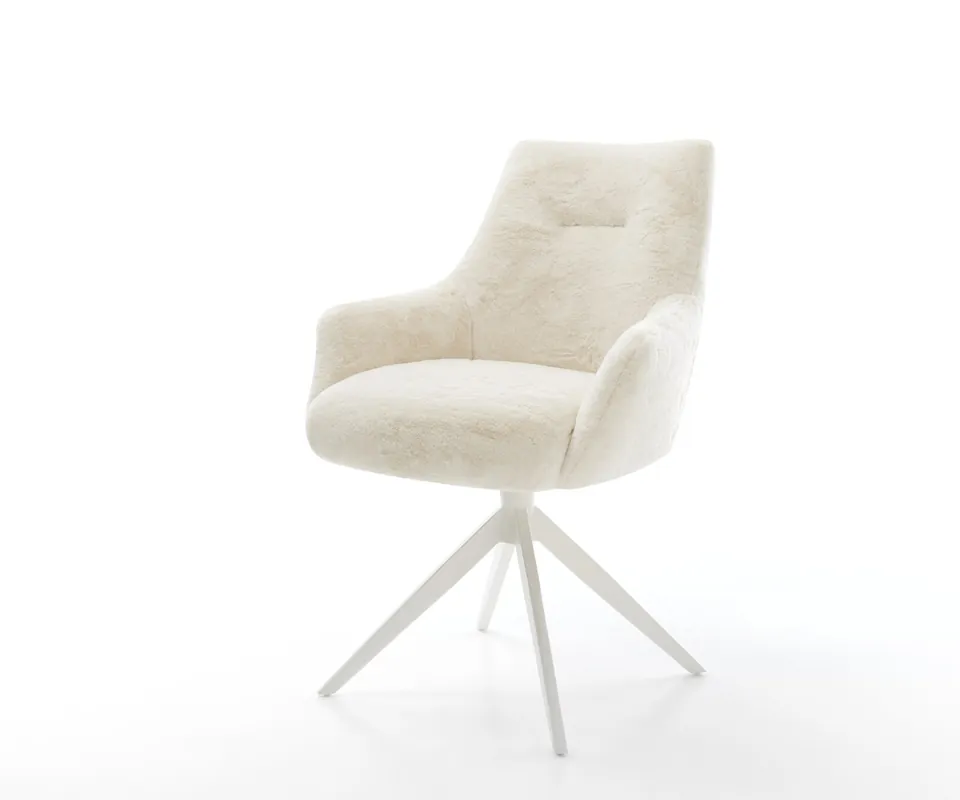 Drehstuhl Alja-Flex mit Armlehnen Plüsch Creme-Weiß Kreuzgestell breit Weiß 360° drehbar Wippfunktion Taschenfederkern Saisonangebot