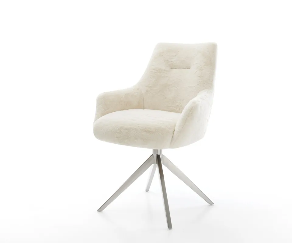 Drehstuhl Alja-Flex mit Armlehnen Plüsch Creme-Weiß Kreuzgestell breit Edelstahl 360° drehbar Wippfunktion Taschenfederkern Begrenztes Angebot