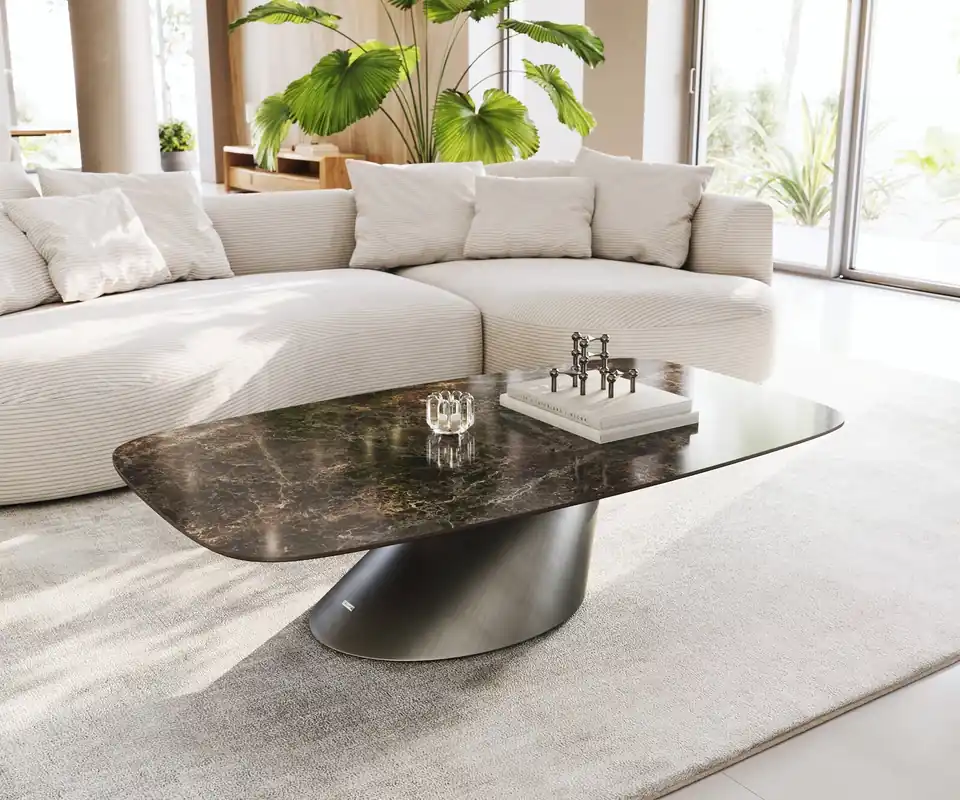 Couchtisch Edge Boot 140x80 cm Keramik Emperador Extra Lucidato Dunkelbraun Conis Metallic Silber Letzte Chance
