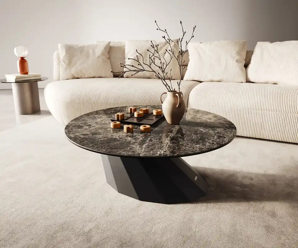 Couchtisch Edge Rund 90x90 cm Keramik Emperador Extra Lucidato Dunkelbraun Parabi Metall Schwarz Letzte Chance