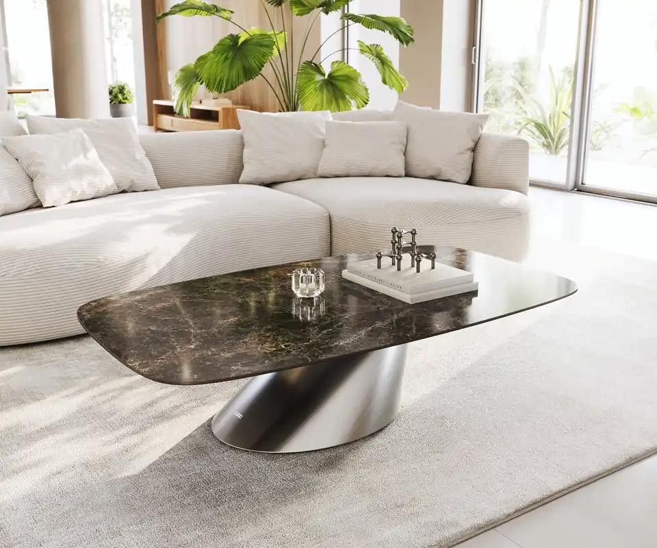 Couchtisch Edge Boot 140x80 cm Keramik Emperador Extra Lucidato Dunkelbraun Conis Edelstahl gebürstet Direktkauf