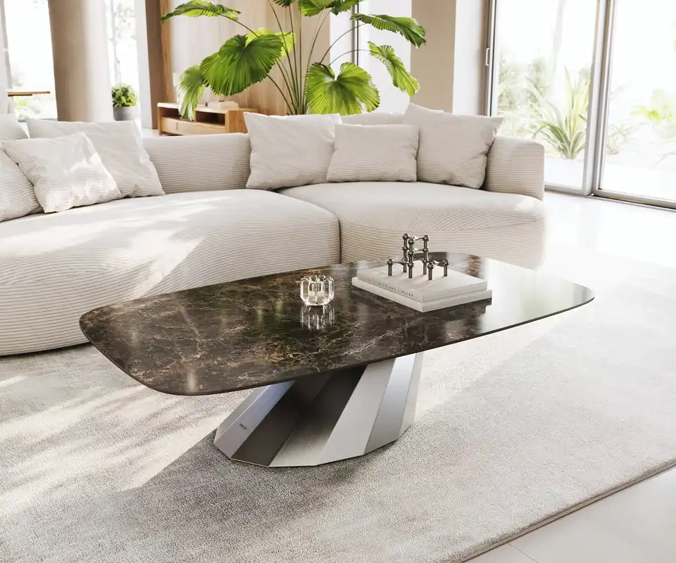Markenprodukt Couchtisch Edge Boot 140x80 cm Keramik Emperador Extra Lucidato Dunkelbraun Parabi Edelstahl gebürstet
