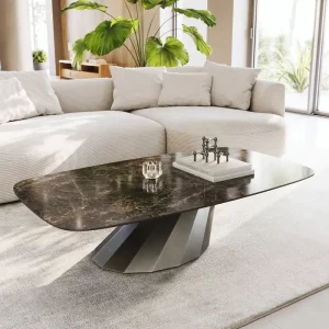Abverkauf Couchtisch Edge Boot 140x80 cm Keramik Emperador Extra Lucidato Dunkelbraun Parabi Metallic Silber