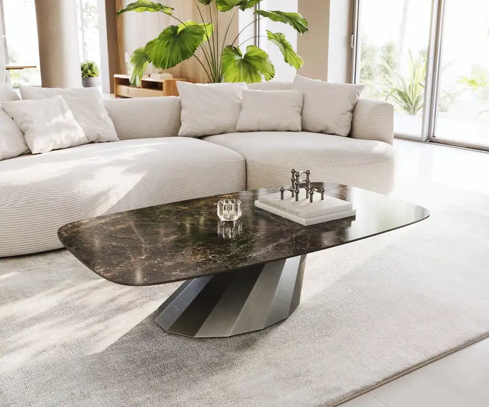 Abverkauf Couchtisch Edge Boot 140x80 cm Keramik Emperador Extra Lucidato Dunkelbraun Parabi Metallic Silber